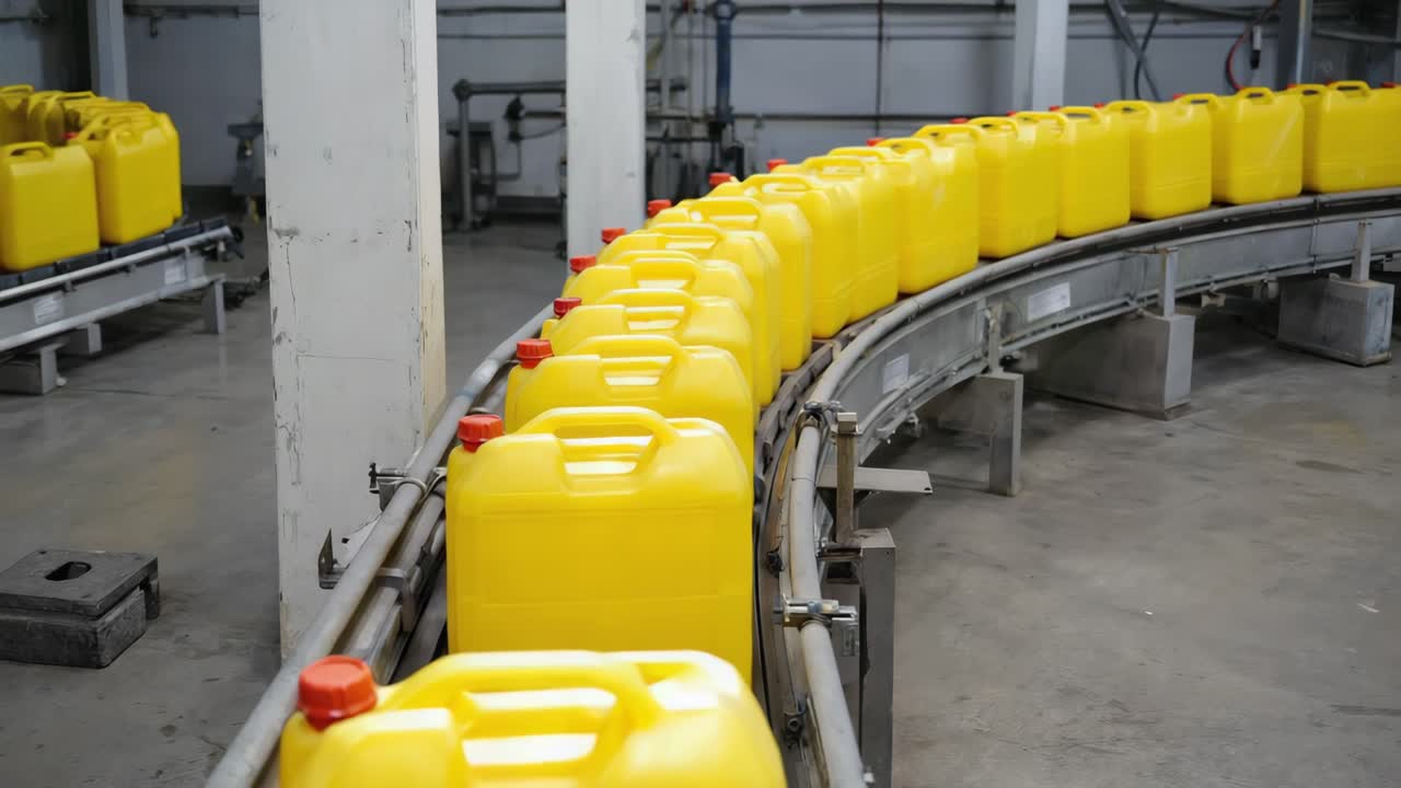 Yellow containers on a conveyor belt in a factory