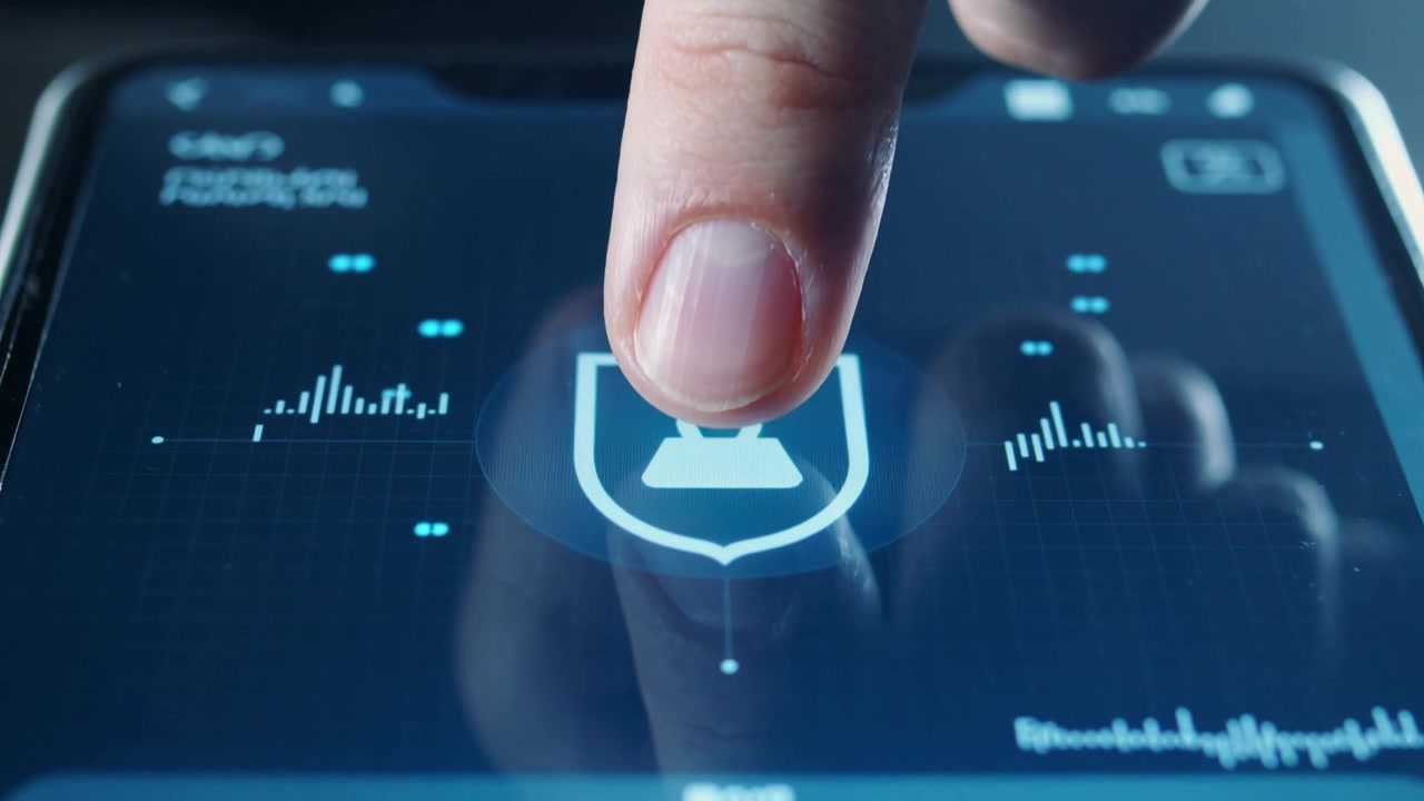 Right fingertip approaching, pressing shield icon on touchscreen in studio, activating security UI