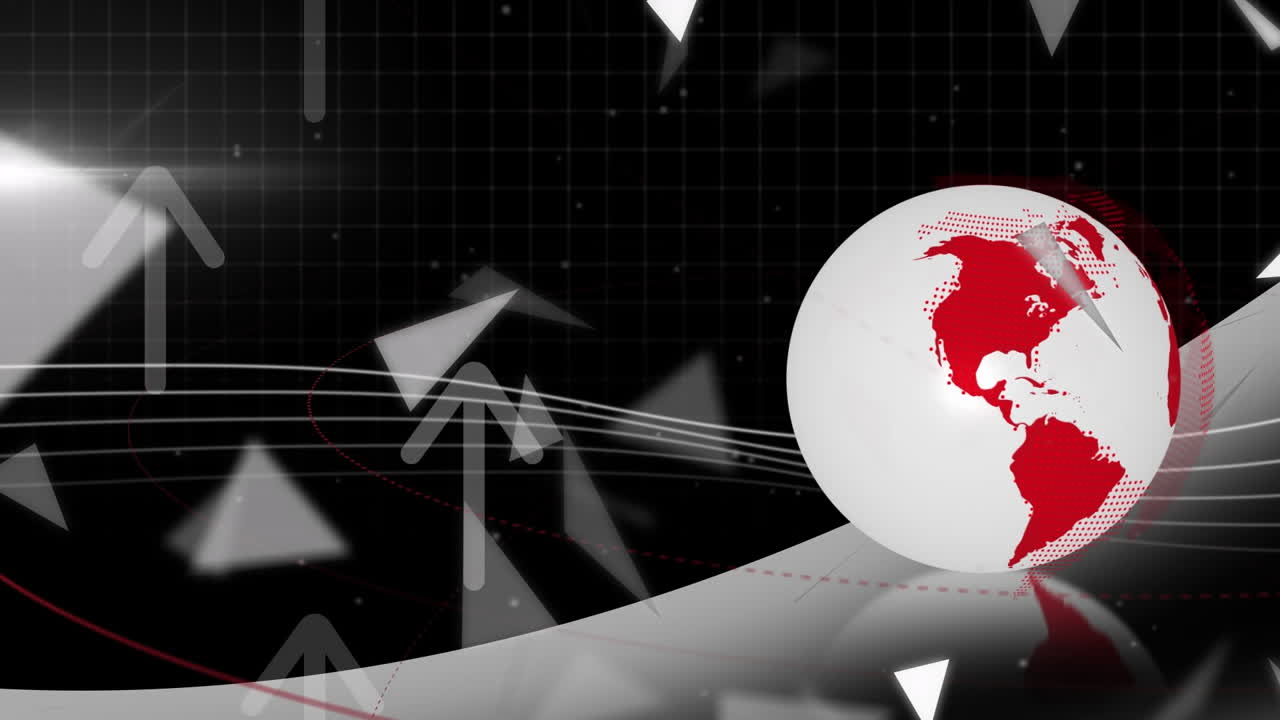 animación de forma geométrica y flechas sobre globo giratorio y patrón de onda en fondo negro