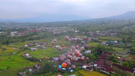 aerial view of indonesian air balloon festival event in wonosobo, central java, indonesia