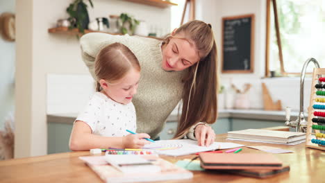 girl, learning and tutor with drawing at house