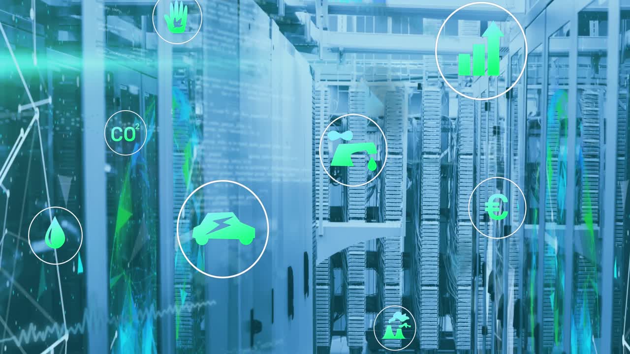 animación de íconos en círculos sobre llamaradas de lentes e íconos conectados en la sala del servidor