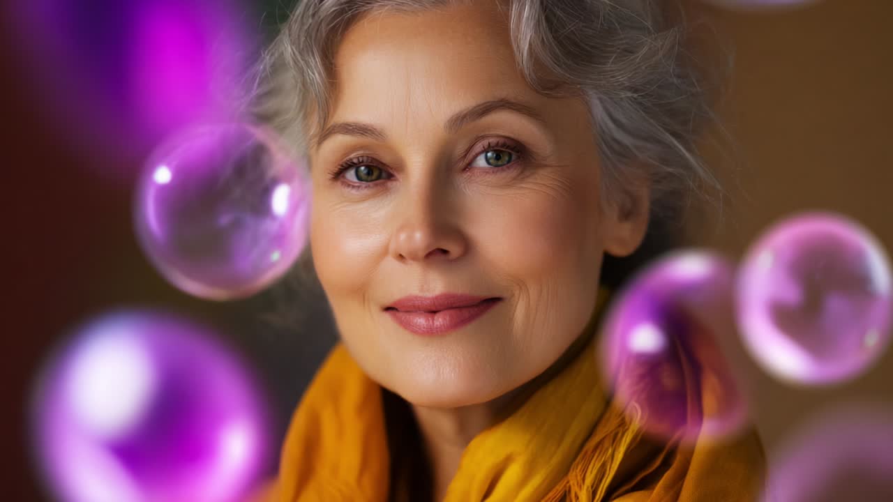 A serene moment captured in time, showcasing an elegant woman radiating joy with a soothing smile, surrounded by whimsical bubbles that add a magical, dreamlike quality to her thoughtful presence