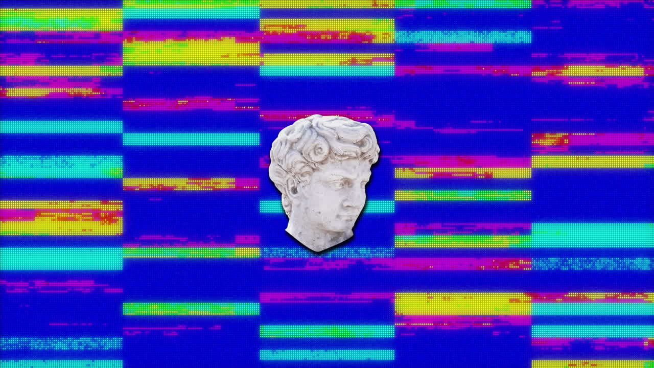 Animazione di antica scultura di testa con glitch su sfondo multicolore