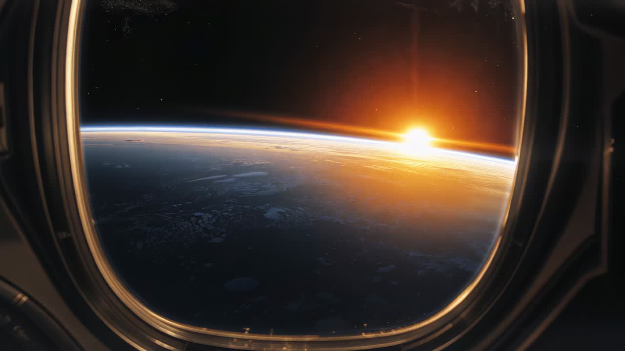 Sending light, Sun rising above Earth's limb through spacecraft porthole, illuminating blue rim