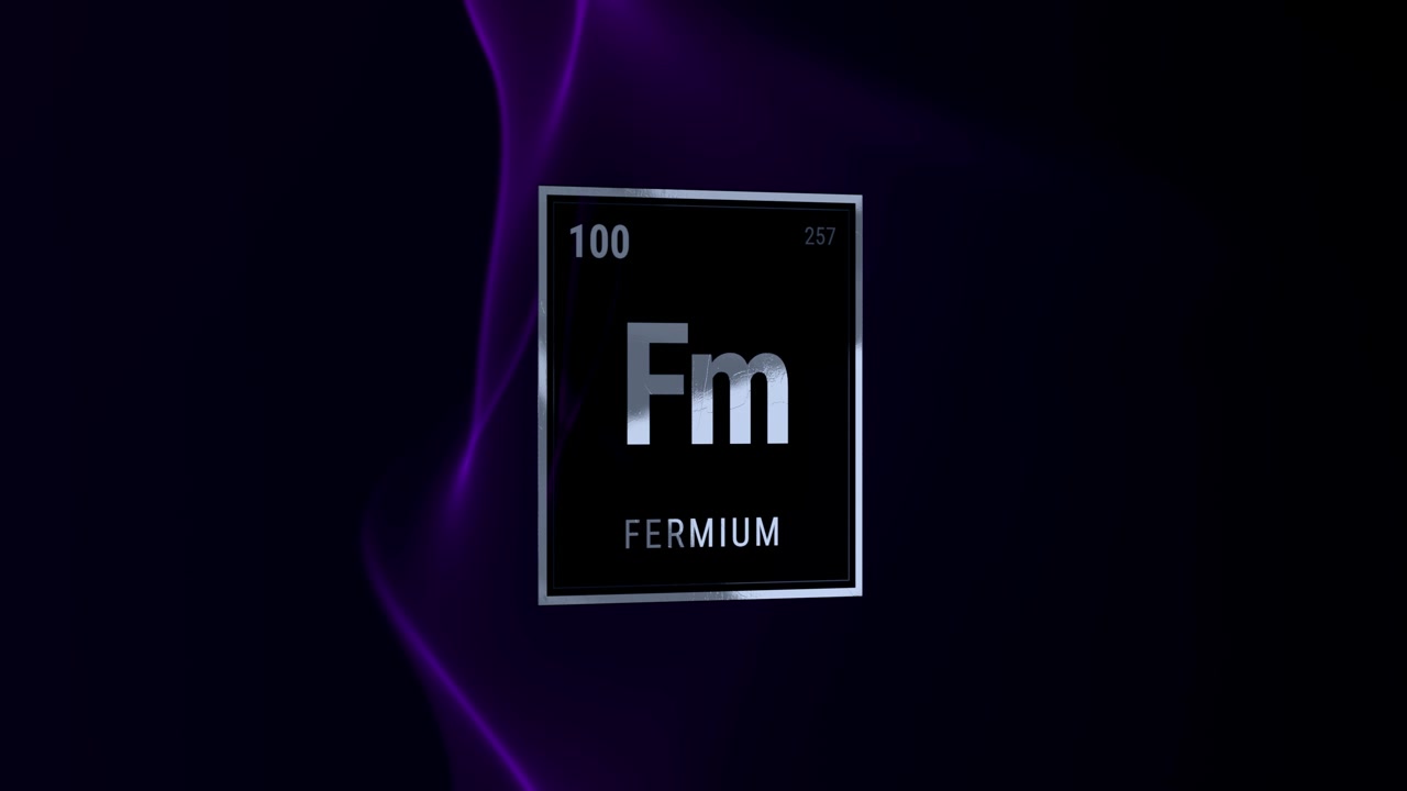 Elemento Fermio della tavola periodica, rendering 3D su sfondo scuro.