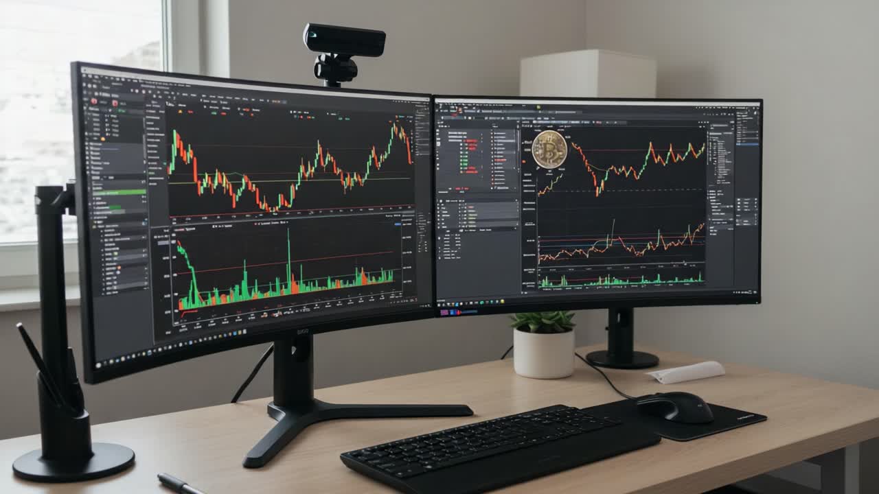 A Dual-Monitor Setup Showcasing Real-Time Financial Data Analysis with Charts, Graphs, and Technical Indicators on a Clean Workspace