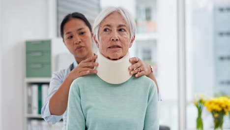 doctor, senior woman and neck brace after injury