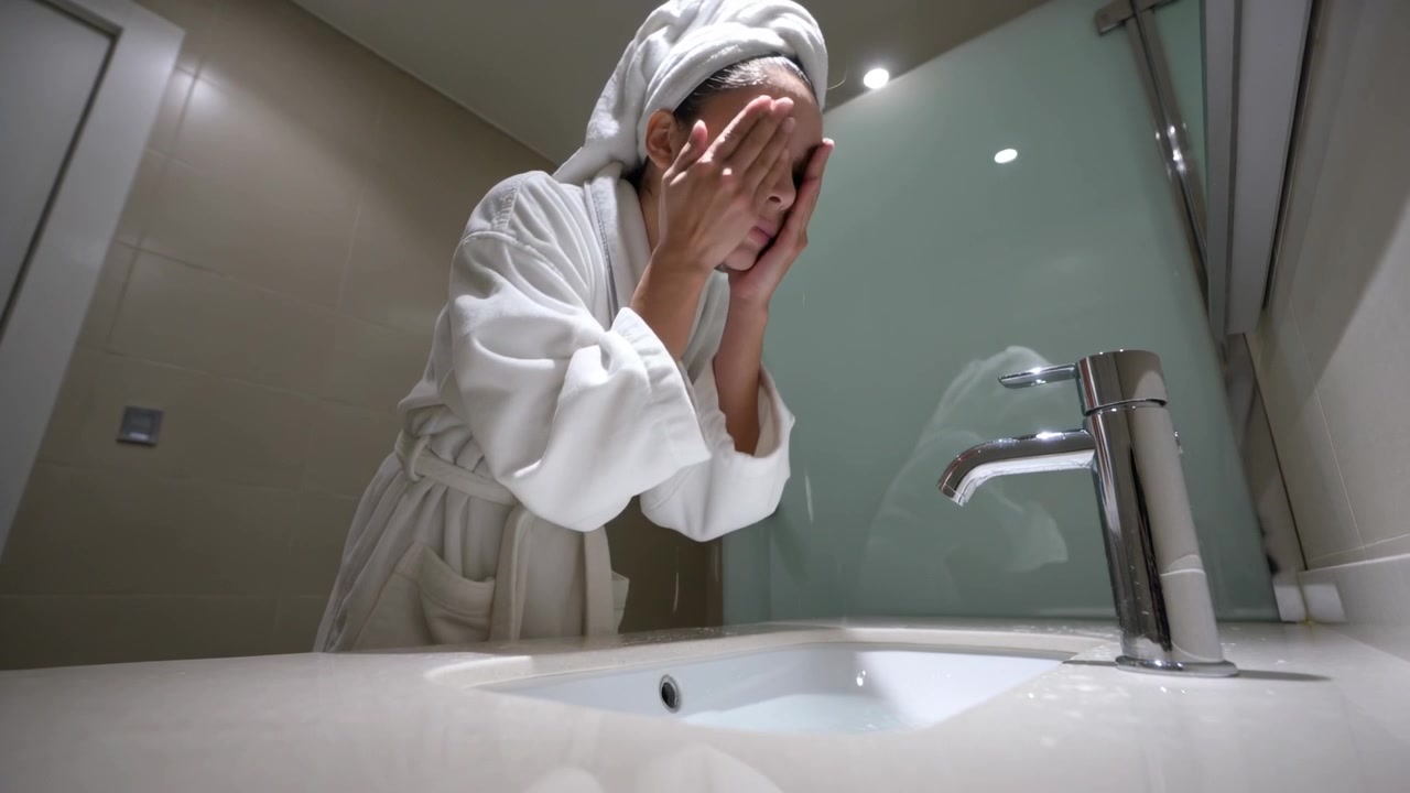 Leaning, woman in white robe and towel cupping running chrome faucet, washing face at bathroom sink