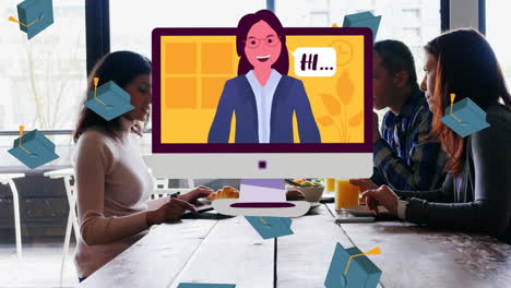 animation of graduation hats and screen with cartoon teacher over coworkers in office