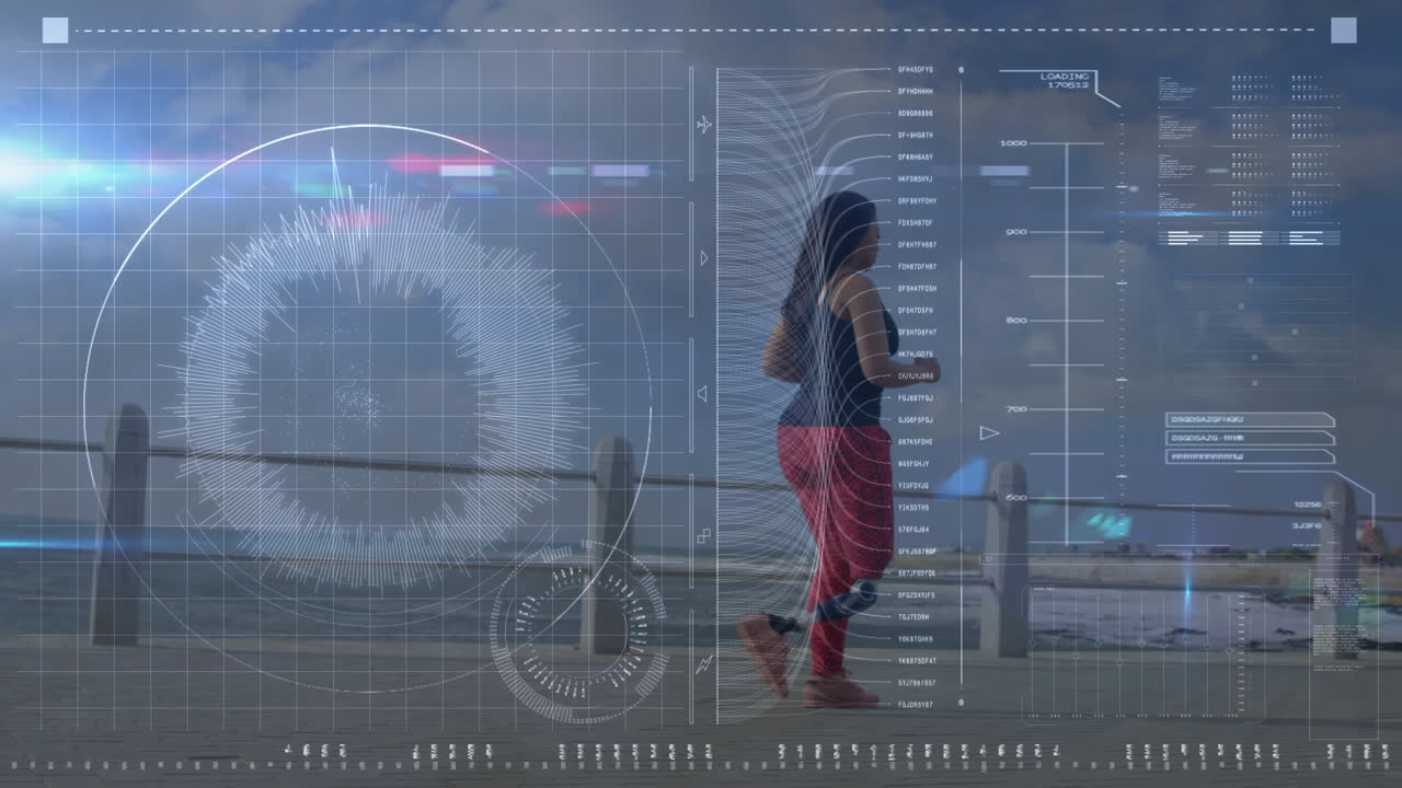 animación de procesamiento de datos sobre mujer con pierna protésica haciendo ejercicio caminando por la orilla del mar