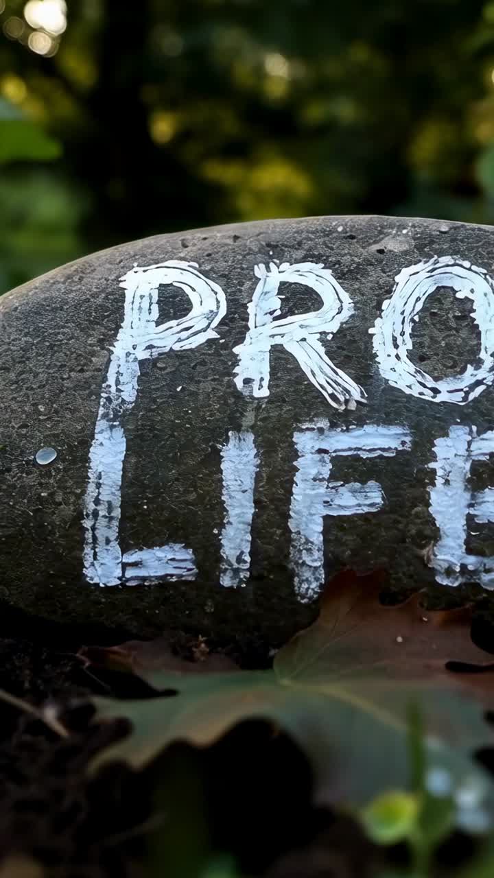 Vertikal video: Kameraet starter lavt og bevæger sig fremad for at afsløre malet sten PRO LIFE i skoven, dug