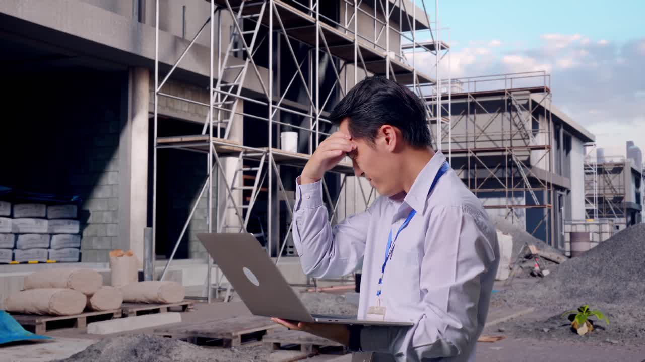 建設現場でノートパソコンを使うアジア人男性プロの作業員の横顔。彼はがっかりして頭を縦に振っています。
