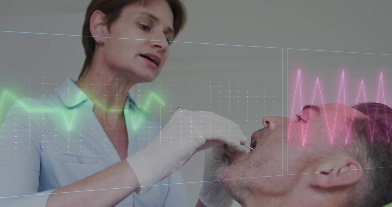Clinico dentale che sonda i denti di un paziente maschio sdraiato, con una sovrapposizione di variazione di colore pulsante che segue il movimento della sonda.