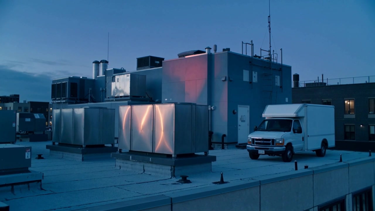 Mostrando unità HVAC sul tetto che ricevono la luce del tramonto e catturano un bagliore caldo, con un furgone nelle vicinanze
