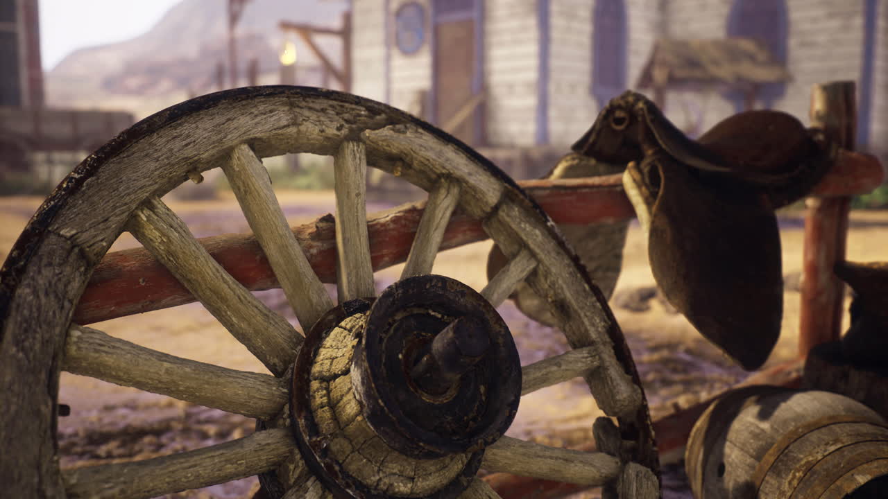 Rustic wagon wheel and saddle in a historical village setting during daylight