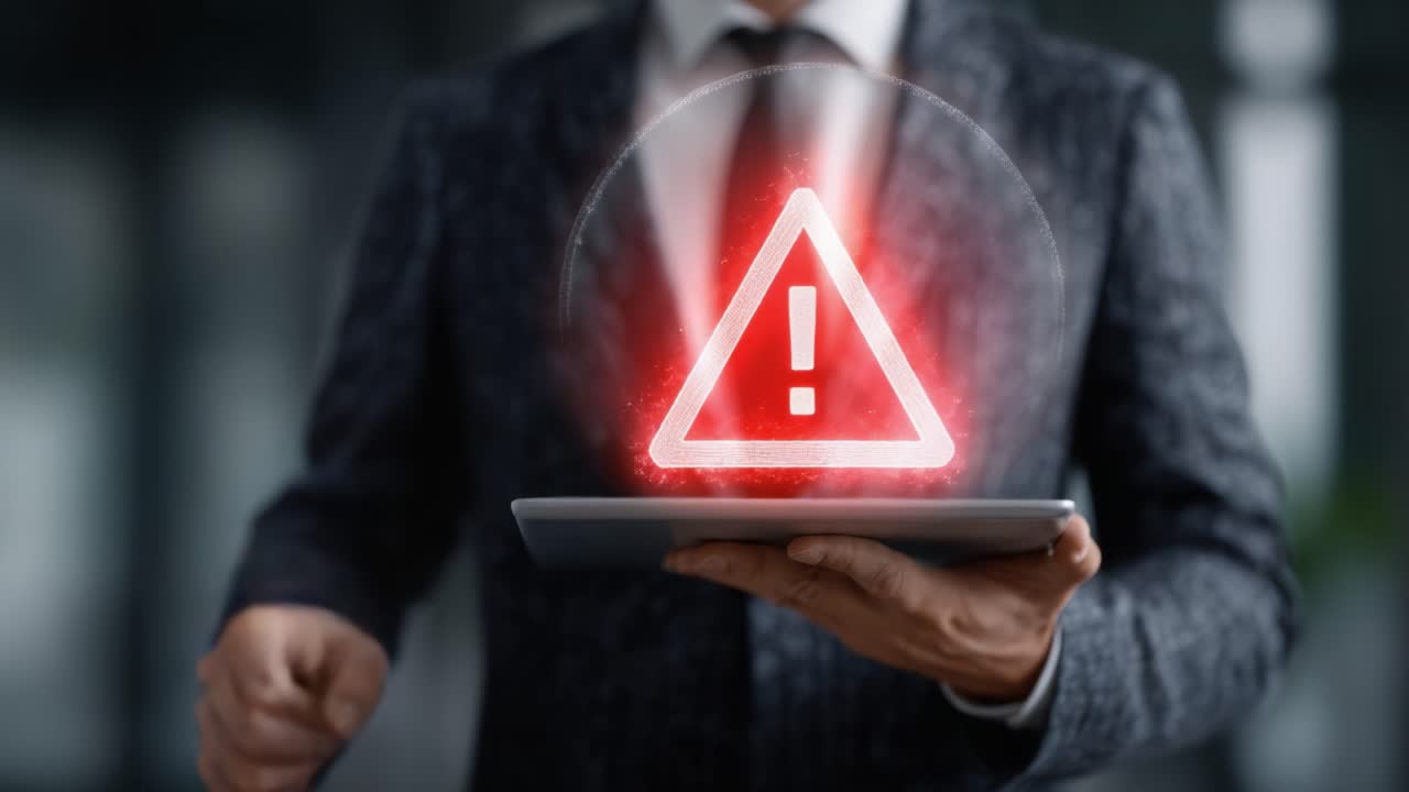 A Professional Man Holds a Tablet Displaying a Glowing Warning Sign, Signifying Important Alerts and Cautionary Messages in a Modern Business Setting