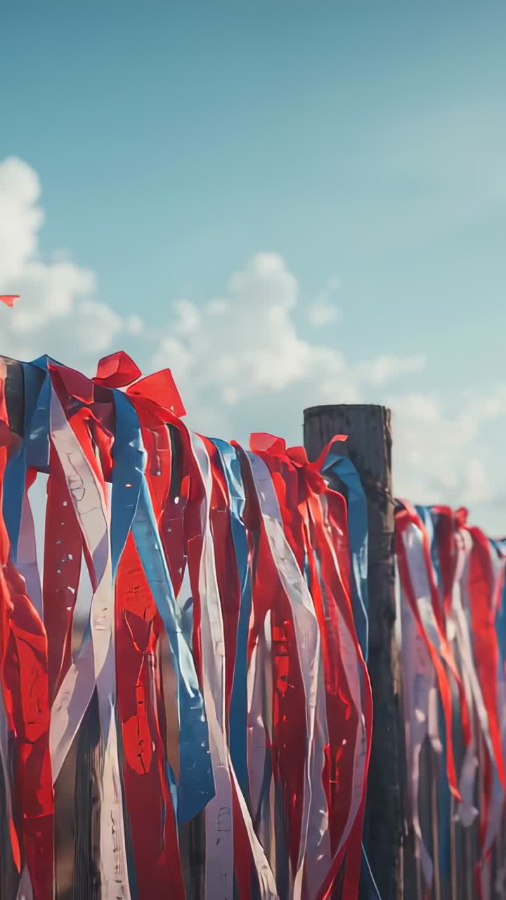 Vertical video: Breeze making ribbon-covered rail sway and twist at waterfront, knots on worn posts