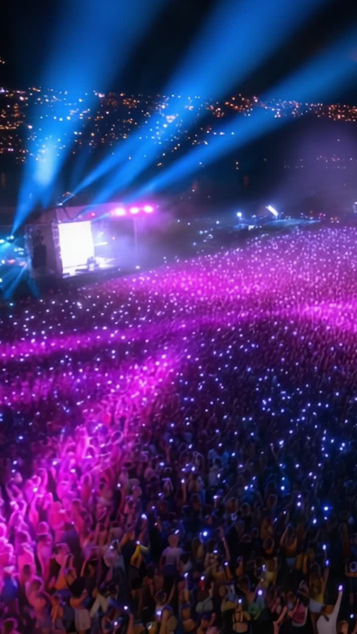 Una vivace scena di festival che mostra una folla immensa illuminata da luci colorate, creando un'atmosfera elettrica piena di eccitazione ed energia di notte