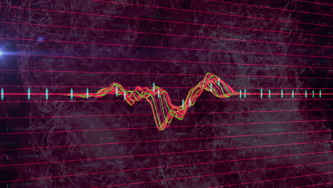 animation of colorful waveform lines over abstract red and black grid background