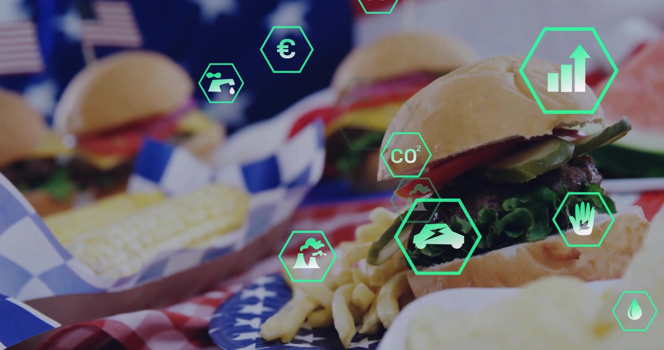 Icone di sostenibilità ambientale sovrapposte a cibo da picnic americano