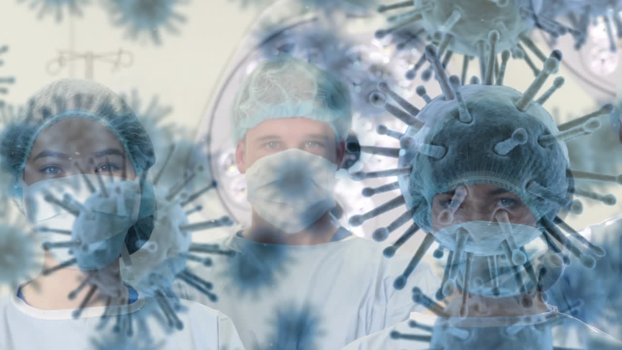 Animazione del coronavirus COVID-19 che si diffonde con operatori sanitari sullo sfondo