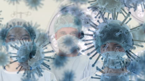 animación de la propagación del coronavirus covid19 con trabajadores de la salud en el fondo