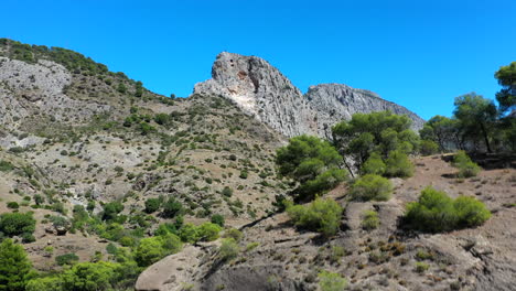 Luftaufnahme,-Die-Sich-Schnell-Auf-Einen-Aufschlussreichen-Berg-Bewegt,-Interessante-Parallaxenbewegungsaufnahme,-Blauer-Himmel-Der-Kiefern,-Wunderschöne-Naturlandschaft,-Die-An-Einem-Sonnigen-Sommertag-In-4k-Von-Der-Drohne-Aufgenommen-Wurde