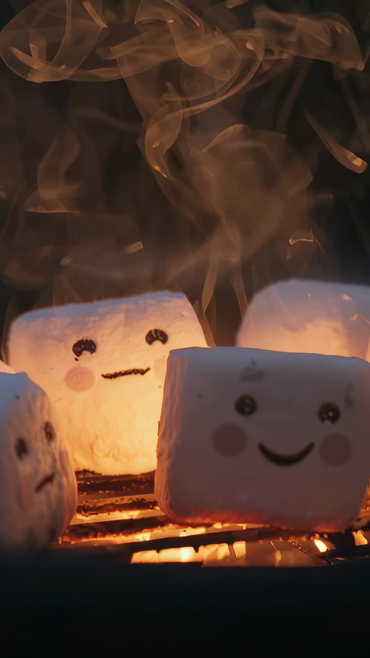 Vertical video: Toasting marshmallows with drawn faces glowing on grate from flames, rising smoke
