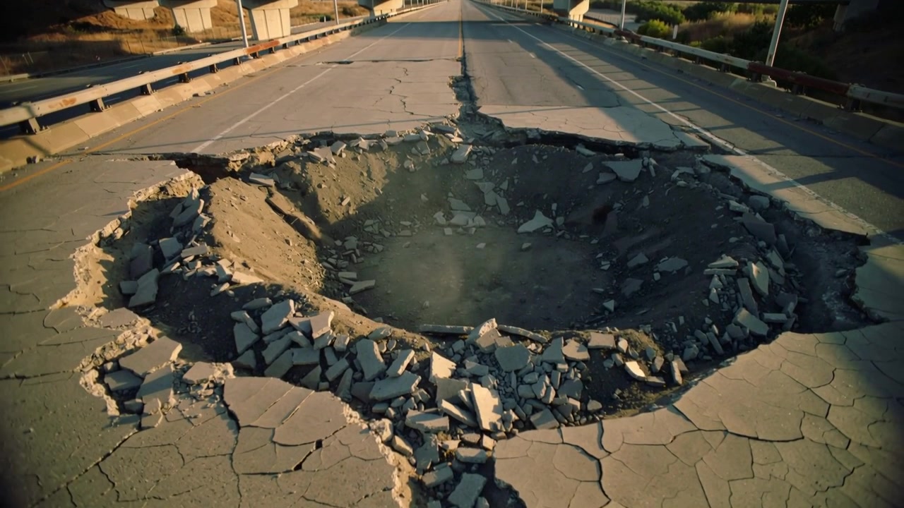 Zooming camera surveying circular crater on highway, documenting broken asphalt and road cracks