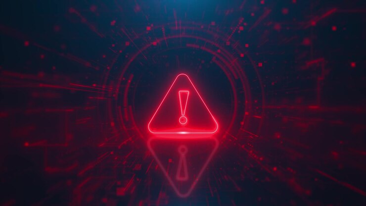 Red warning triangle exclamation mark glow digital tunnel filled squares lines particles cyber