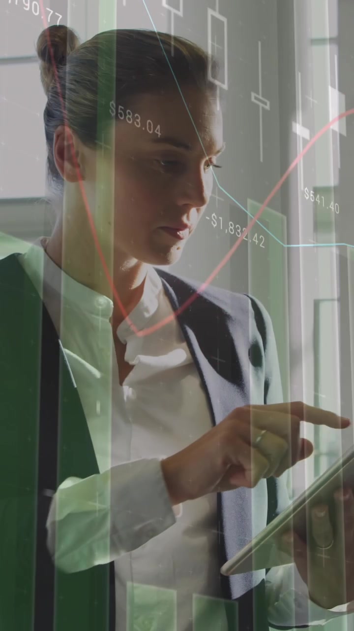 Animation of statistical data processing over caucasian businesswoman using digital tablet at office
