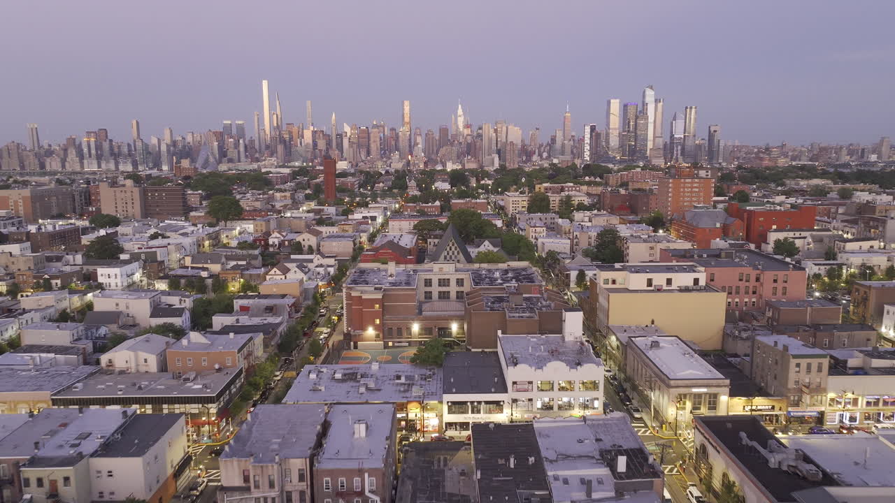 Aerial view of Midtown Manhattan at night. Shot in New Jersey