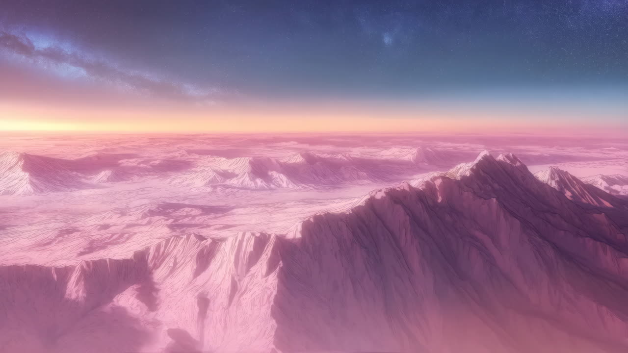 Vast Alien Landscape with Pink Mountains and Celestial Sky
