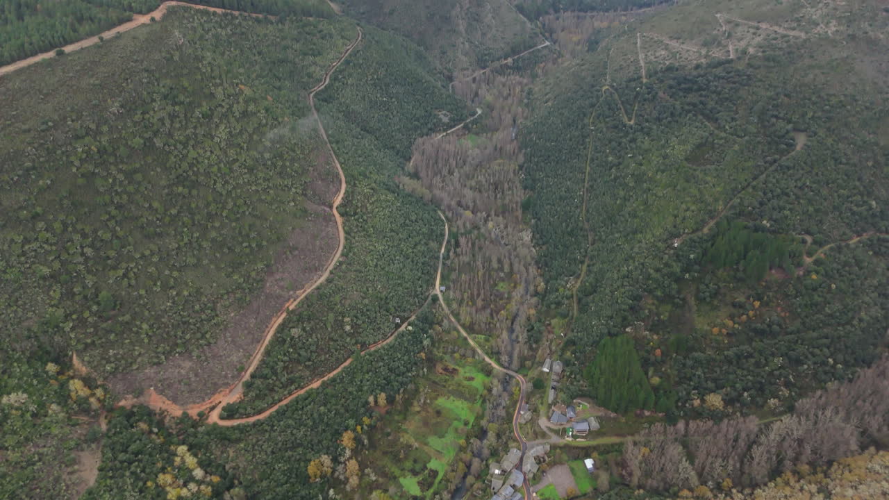 Aerial view of a remote mountain village surrounded by forests and winding roads on a cloudy winter day in Northern Spain