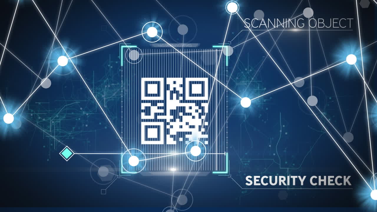 Animation of glowing network of connections over qr code scanner against blue background