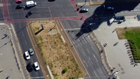 Busy-intersection,-streetcar,-pop-up-bike-lanes