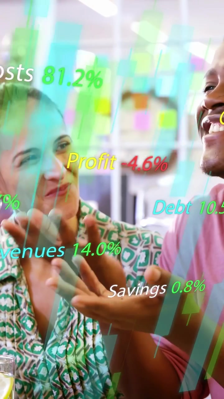 Video verticale: Donna in camicetta verde che sorseggia, avviando grafici finanziari fluttuanti per la pianificazione del team