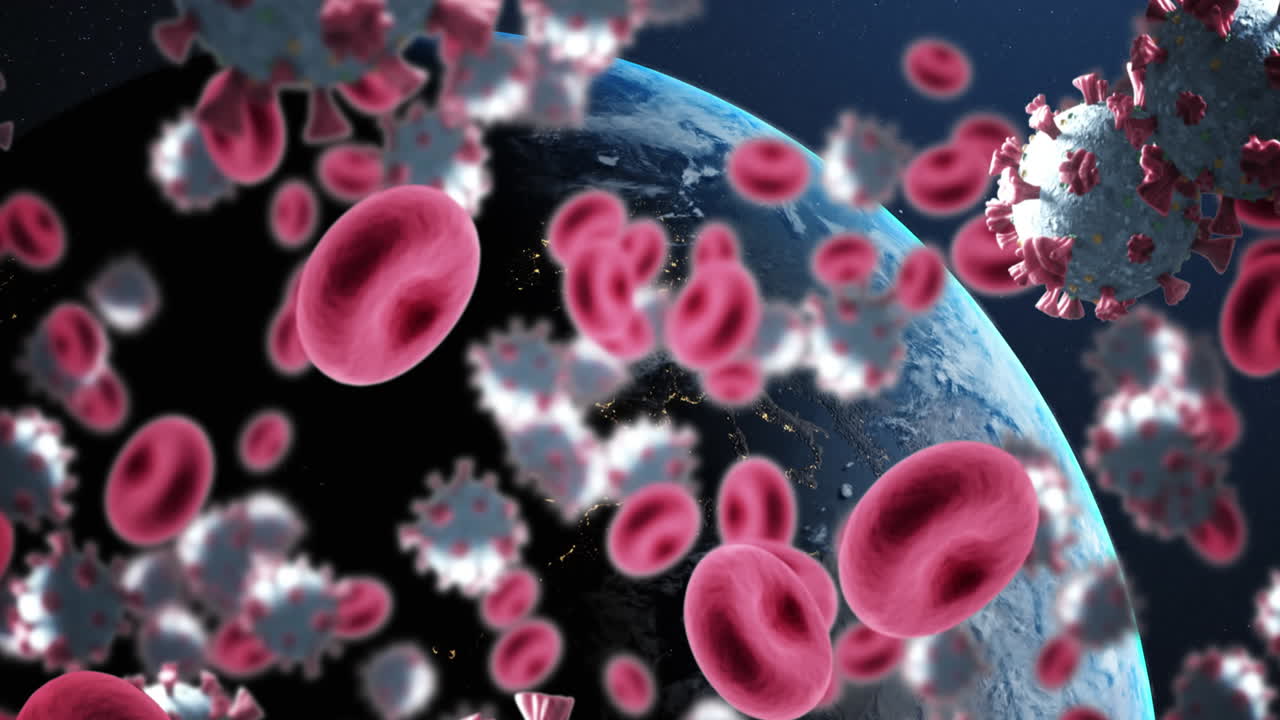 지구 위에 떠다니는 코로나19와 적혈구의 애니메이션