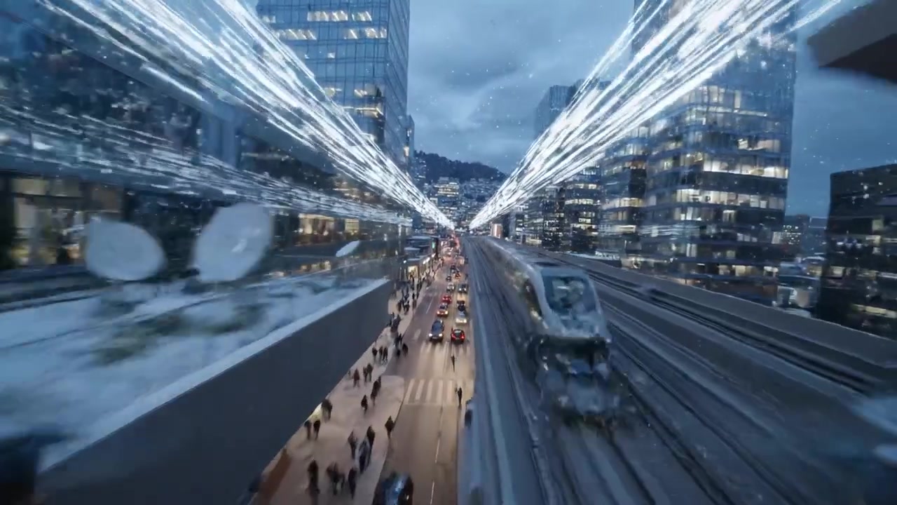 En fridfull vinterkväll i en livlig stadsmiljö, som visar upp modern arkitektur, snöfall och upplysta stadsgator, och fångar stadslivets essens