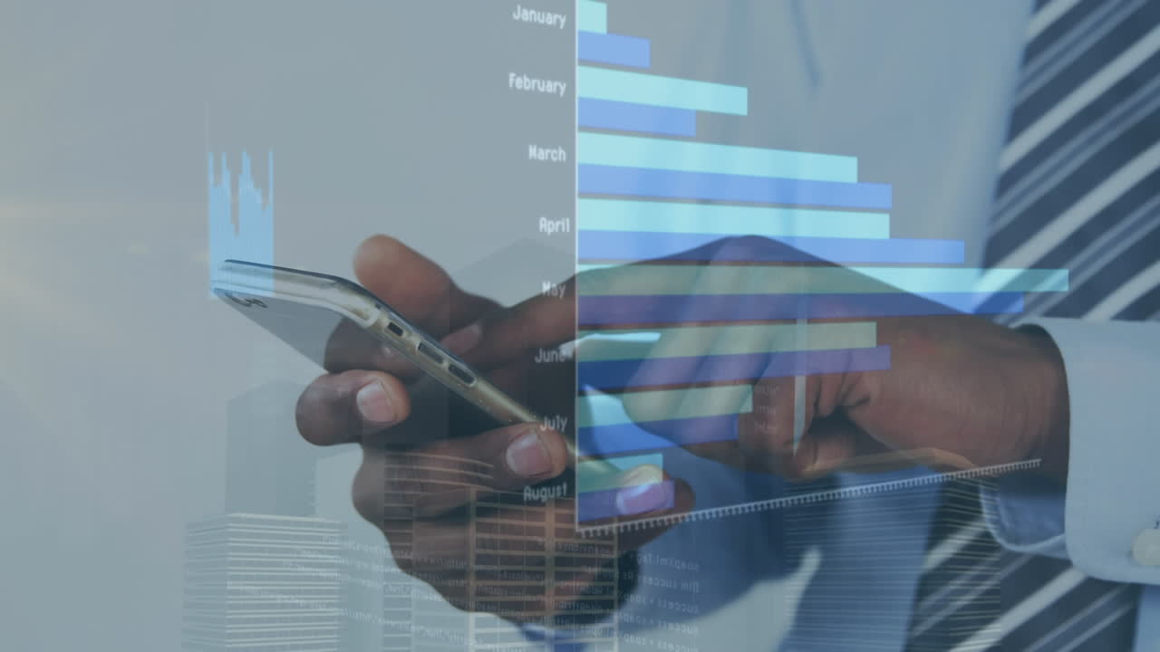 animazione dell'elaborazione dei dati statistici su una sezione centrale di un uomo d'affari che utilizza uno smartphone