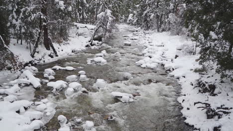 toma en cámara lenta del arbolado y helado río merced en yosemite, corriendo a través de rocas y bosques cubiertos de nieve