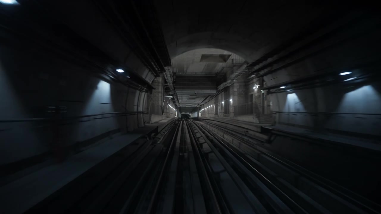 Vista dal finestrino anteriore di un treno della metropolitana in movimento in galleria