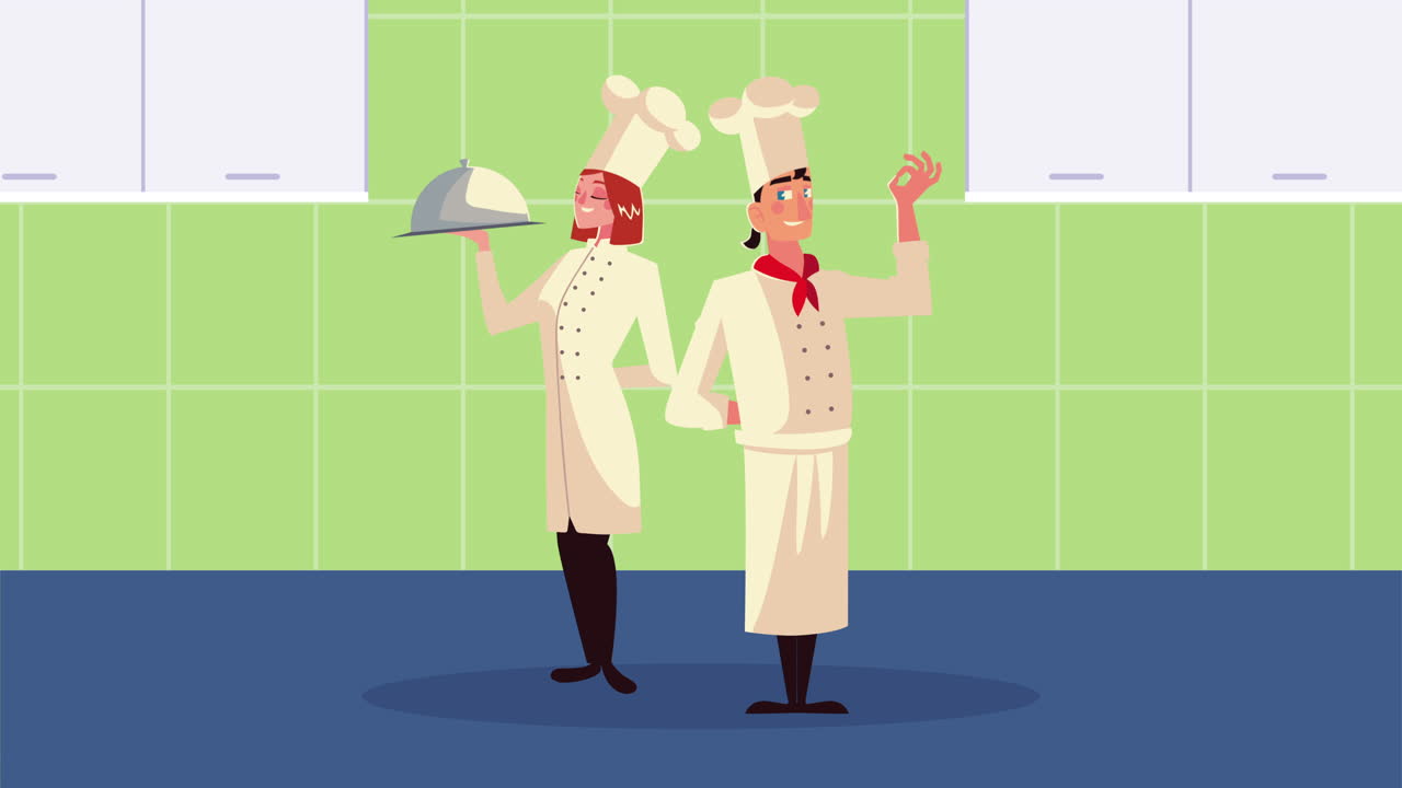 pareja de cocineros con bandeja servidor personajes cómicos animación