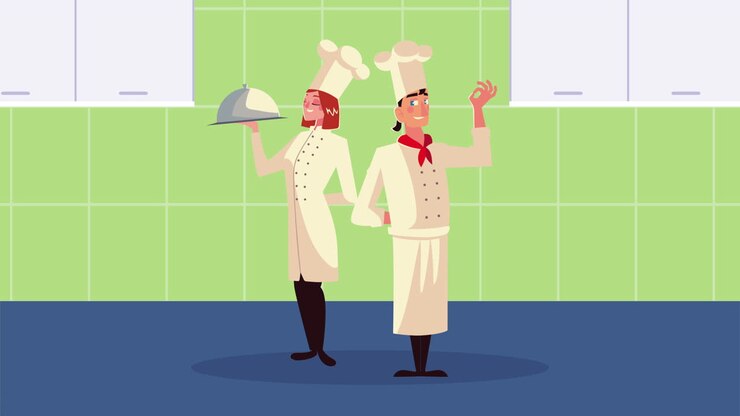 пара поваров с подносным сервером комические персонажи анимация