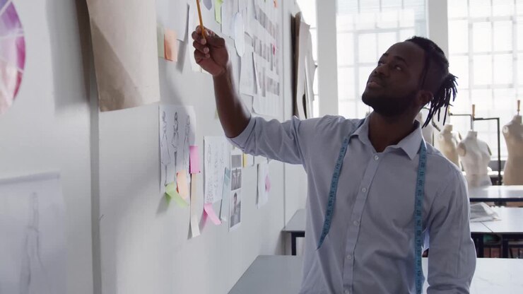 Mixed race man working in fashion office