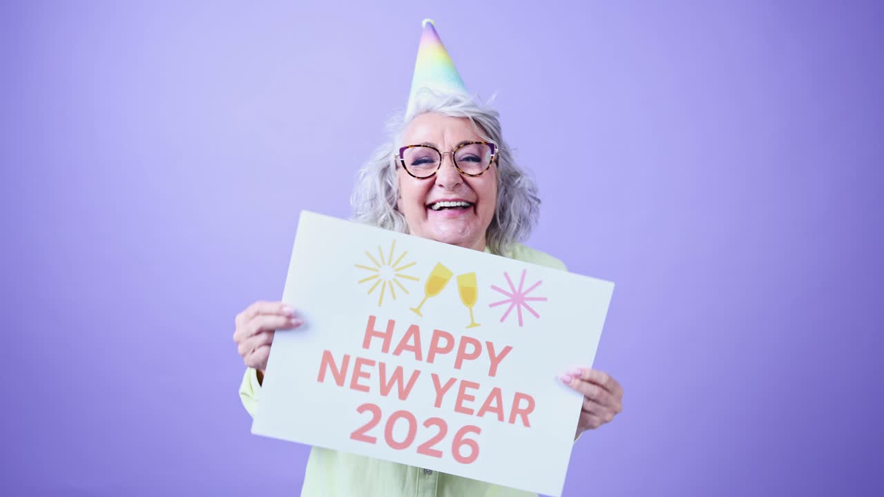 Szczęśliwa starsza kobieta w czapeczce imprezowej trzymająca tabliczkę z napisem Nowy Rok 2026