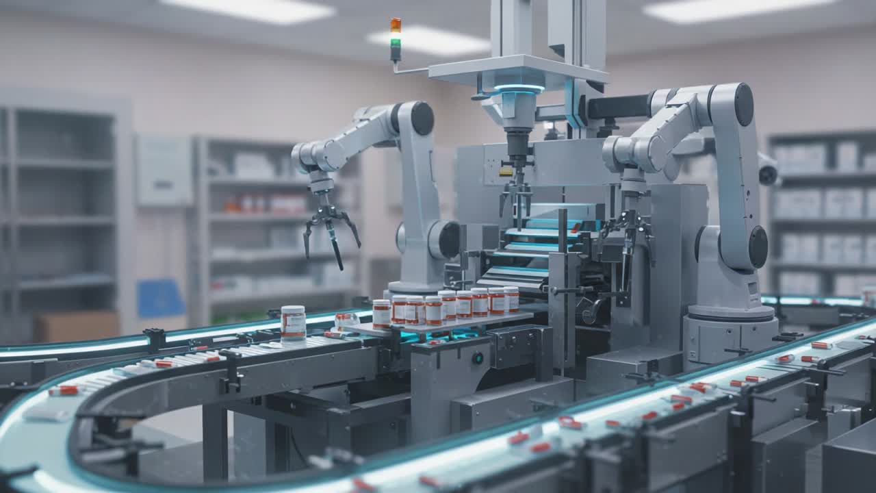 Advanced Robotics in Automated Pharmaceutical Manufacturing: A Cutting-Edge Production Line with Precision Machines for Efficient Handling and Packaging of Medication