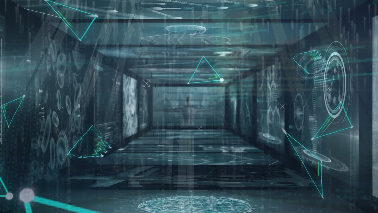 의료 데이터 처리를 가진 스크린 위에 떠있는 네온 삼각형 모양의 애니메이션