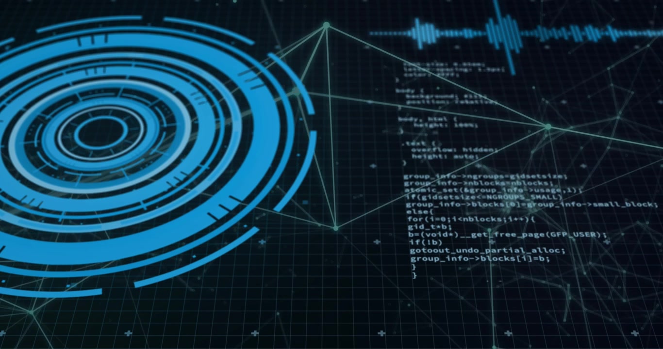 Animation of round scanner, data processing and network of connections against black background